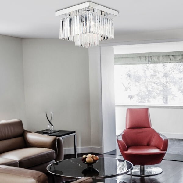 Nilüfer 2 Katlı Küçük Krom Kaplama Kare Kristalli Taşlı Modern Tasarım Kristal Salon Avize