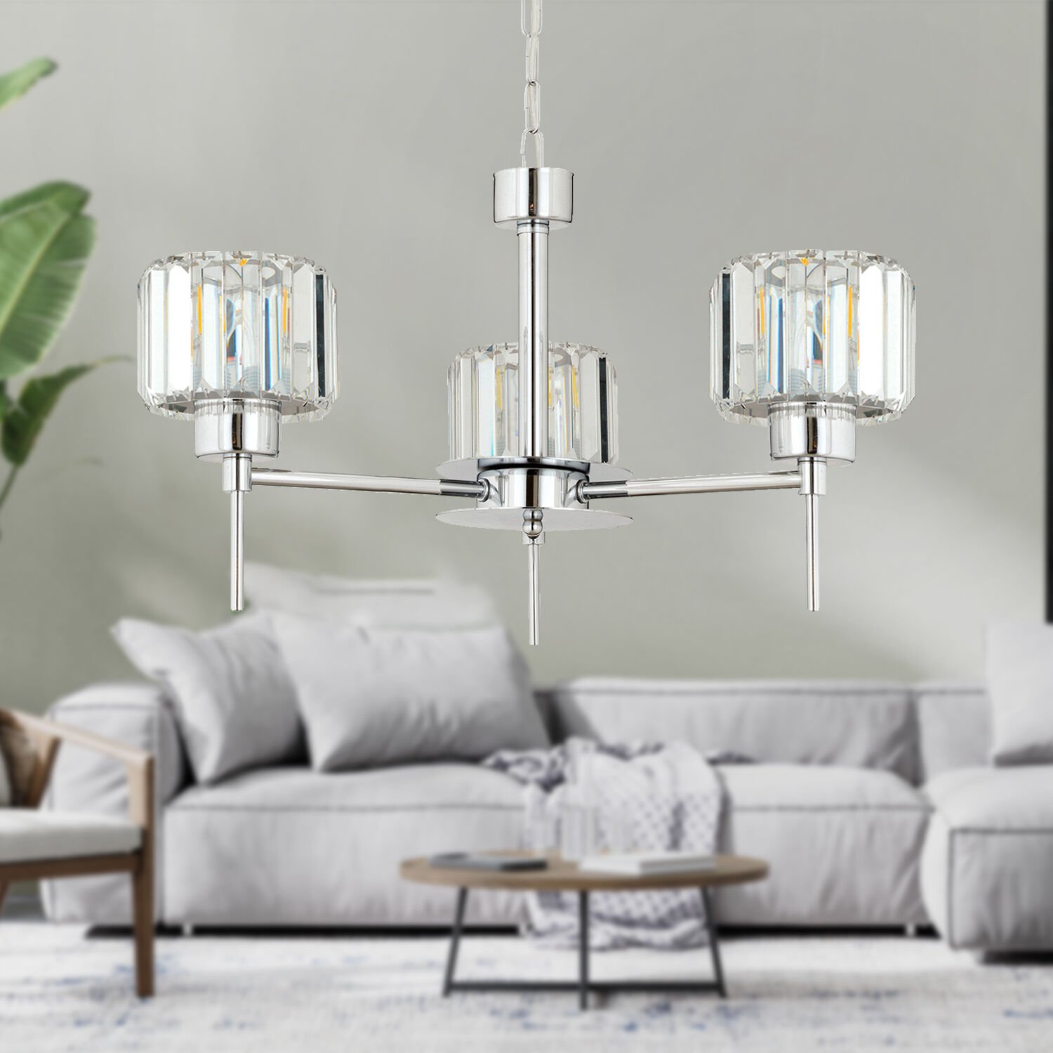 Sadem 3 Lü Krom Kaplama Kristalli Taşlı Modern Tasarım Salon-Yatak Odası-Oturma Odası Kristal Avize