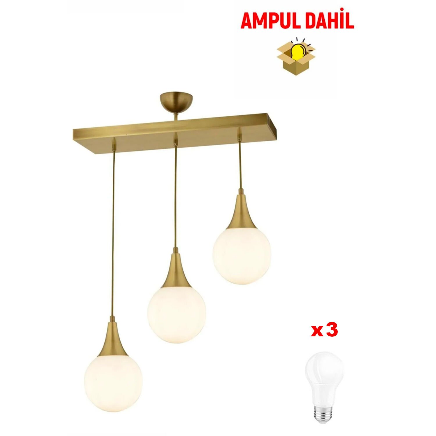 Damla 3 Lü Sıralı Eskitme -Led Ampul  Dahil Modern Koridor Mutfak Salon Sarkıt Avize
