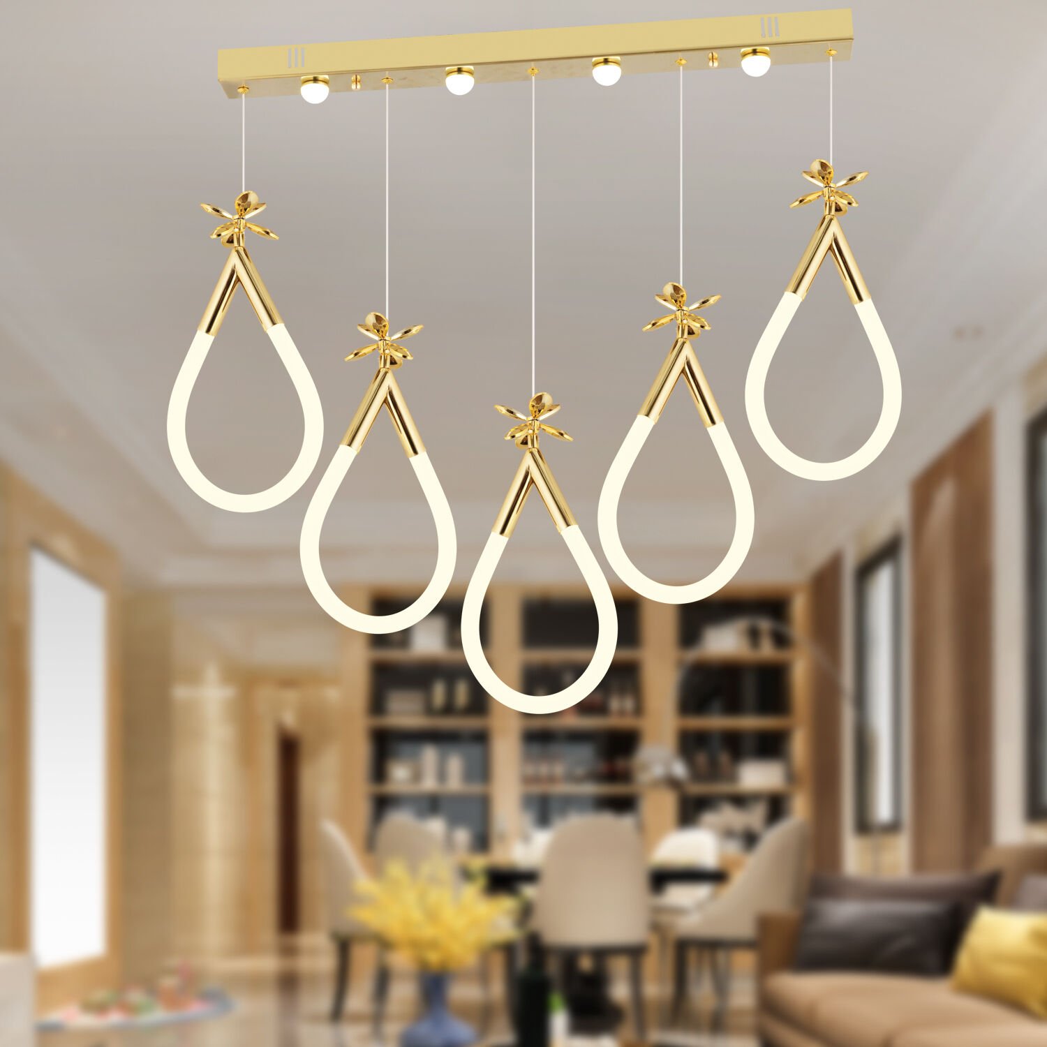 Vojens 5'li Sıralı 67 Watt Gold Ledli Kelebek Detaylı Modern Koridor, Yatak Odası Salon Sarkıt Led Avize