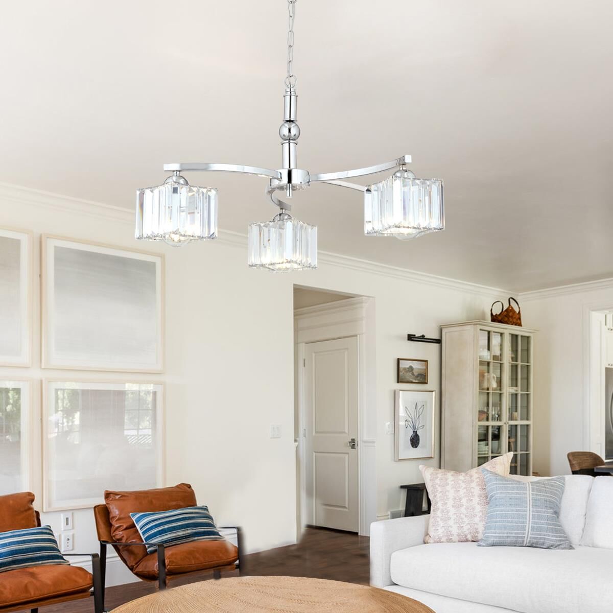 Rima 3 Kollu Krom Kaplama Kristalli Taşlı Modern Tasarım Salon-Yatak Odası Kristal Salon Avize