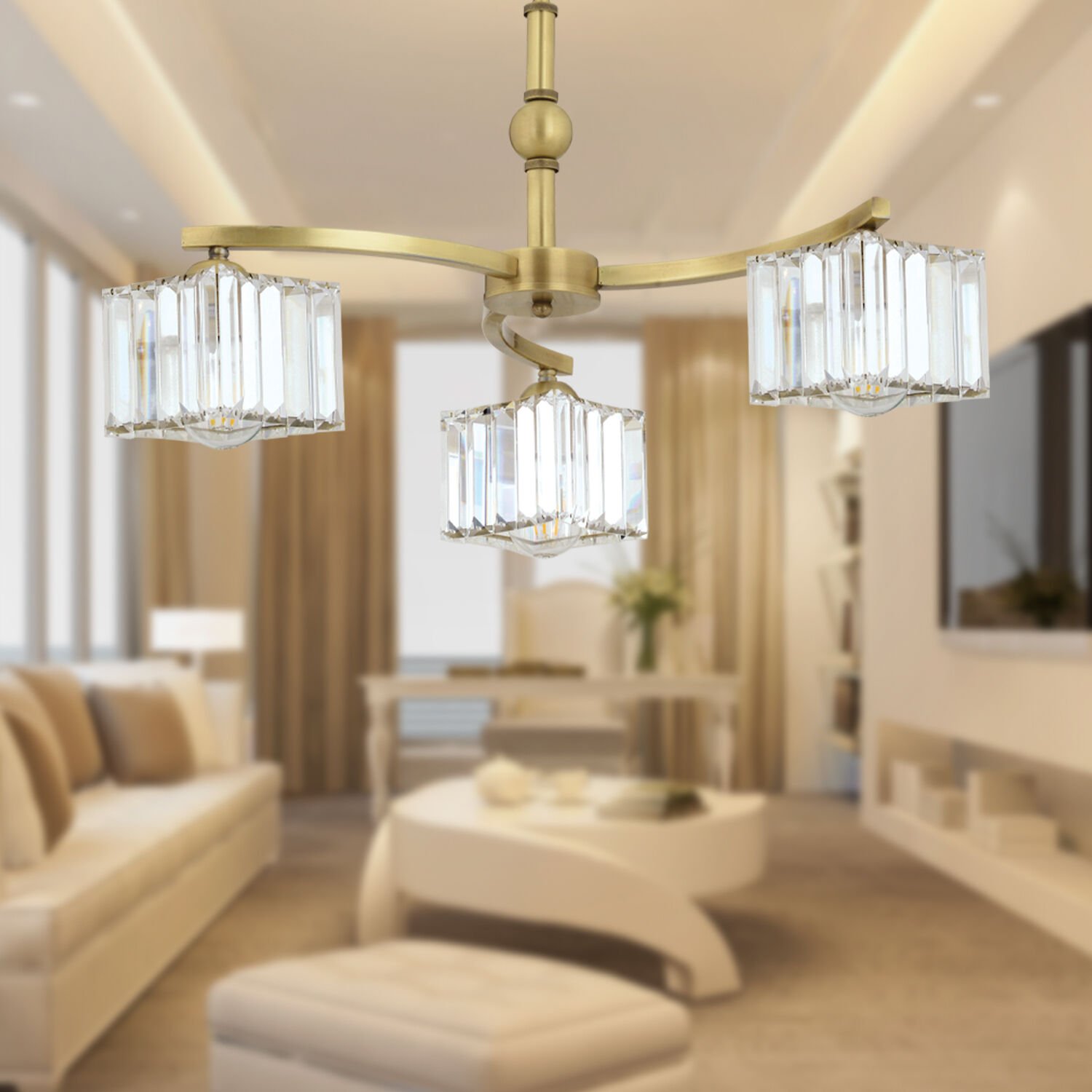 Rima 3 Kollu Eskitme Kristalli Taşlı Modern Tasarım Salon-Yatak Odası Kristal Salon Avize