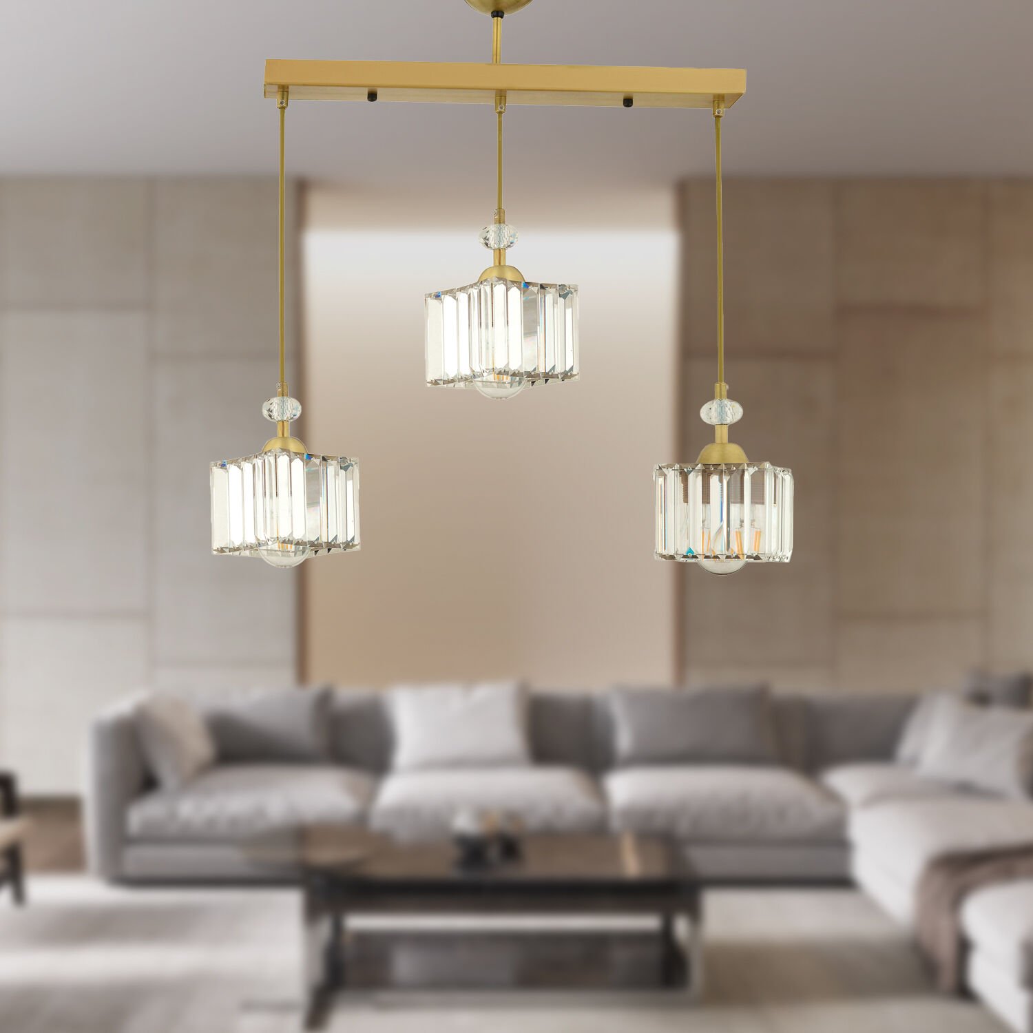 Brandy Eskitme 3 Lü Sıralı Sarkıt Kristalli Taşlı Modern Tasarım Kristal Salon Avize