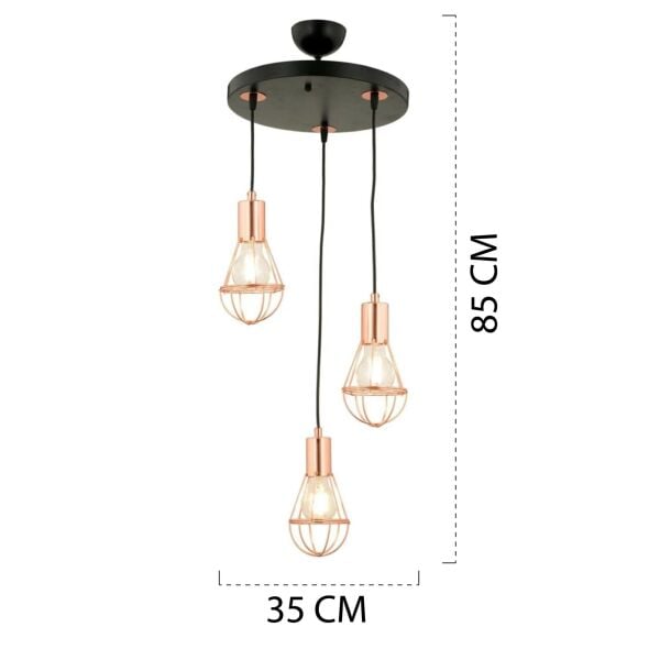 CİRİ 3 LÜ YUVARLAK BAKIR KAPLAMA TEL SARKIT MODERN AVİZE