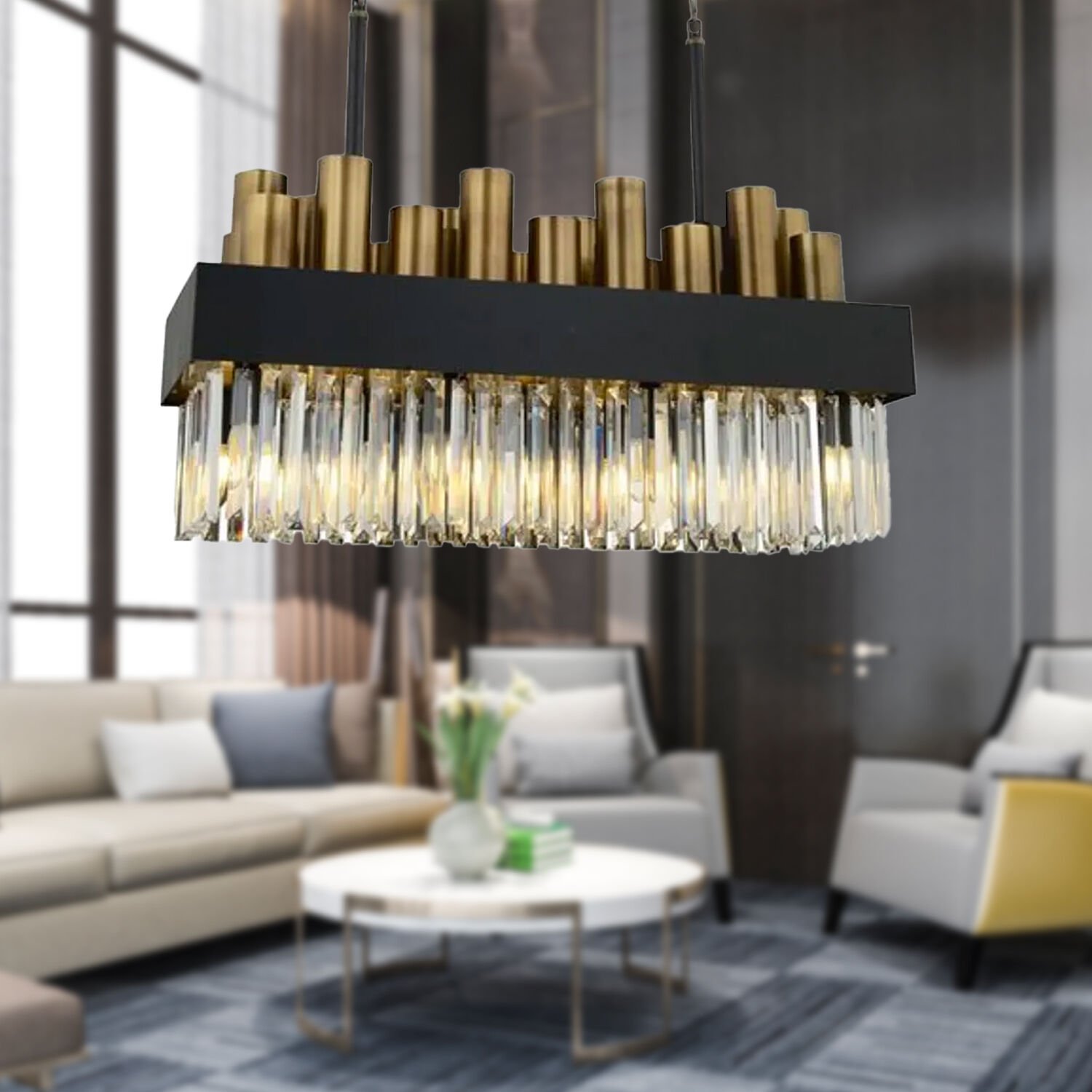 Torre Sıralı Eskitme  Kristalli, Taşlı Modern Tasarım Yemek Masası Üstü, Kristal Salon Avize