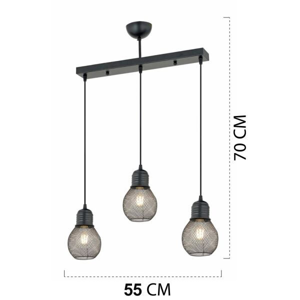 Pia 3Lü Sıralı Siyah Modern Genç Odası Mutfak Retro Salon Sarkıt Avize