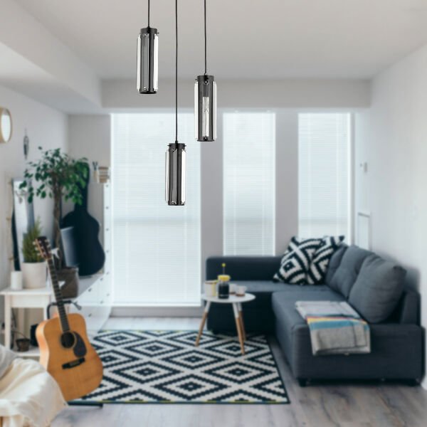 Natali 3 Lü Siyah Kristalli, Taşlı Modern Tasarım Kristal Salon Sarkıt Avize