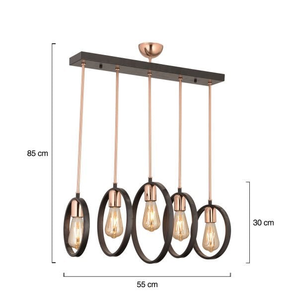 Halka 5Li Sıralı Siyah Modern Tasarım Yemek Masası Üstü Salon-Mutfak Cafe-Restoran Sarkıt Avize