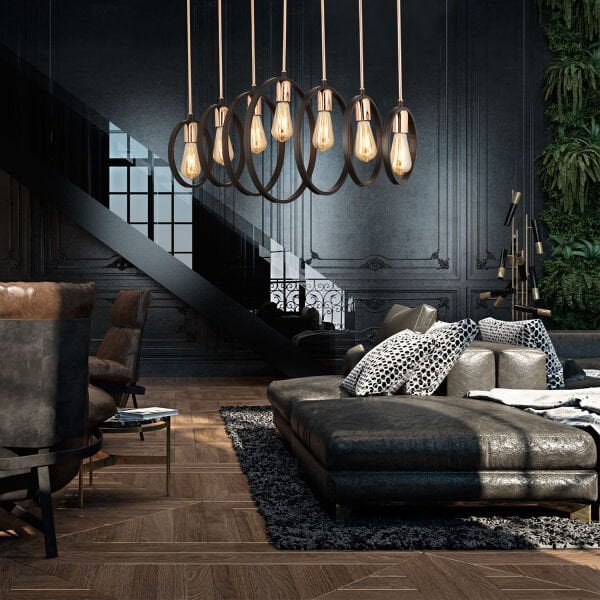 Halka 7Li Sıralı Siyah Modern Tasarım Yemek Masası Üstü Salon-Mutfak Cafe-Restoran Sarkıt Avize