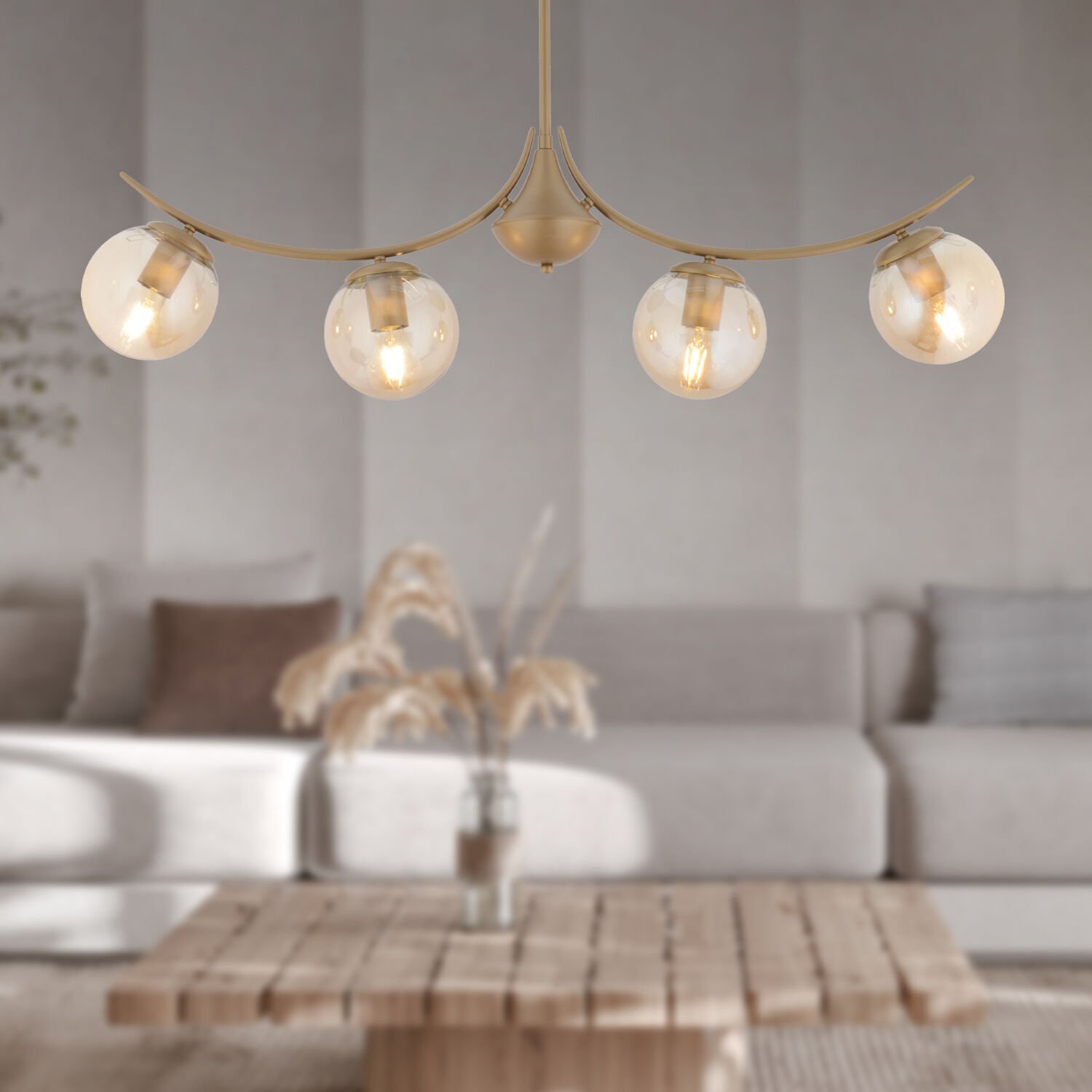 Germaine 4'lü Sıralı Eskitme Bal Camlı Modern Oturma Odası Salon Avize