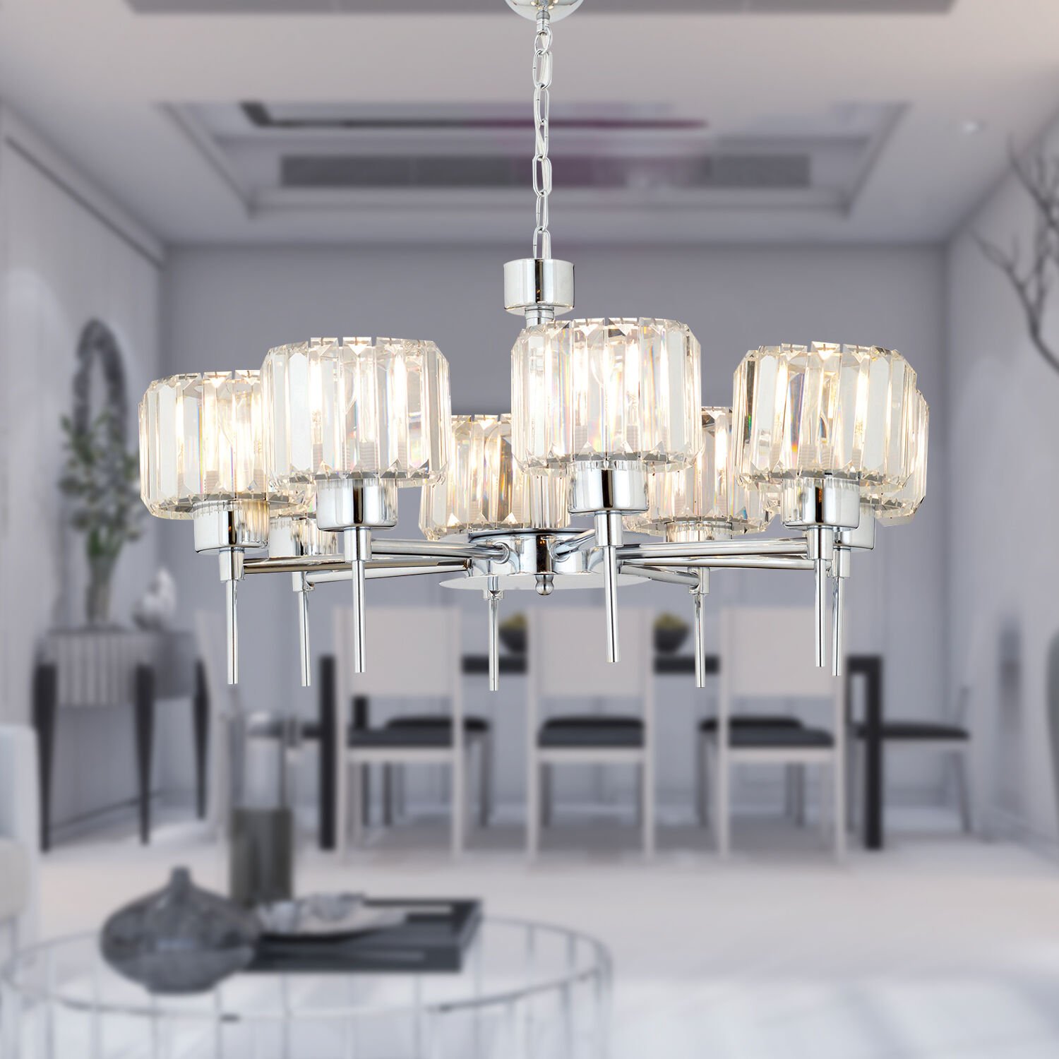 Sadem 8'Li Krom Kristalli Taşlı Modern Tasarım Salon-Yatak Odası Kristal Salon Avize