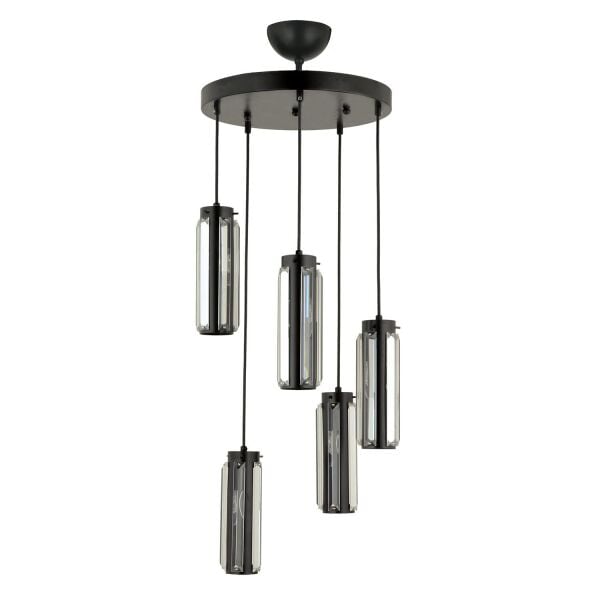 Natali 5 Li Yuvarlak Siyah Modern Kristalli, Taşlı Modern Tasarım Kristal Salon Sarkıt Avize