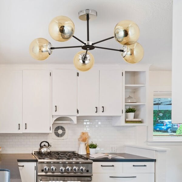 Nide 5Li Siyah Krom Bal Camlı Modern Genç Odası Yatak Odası Retro Salon Avize