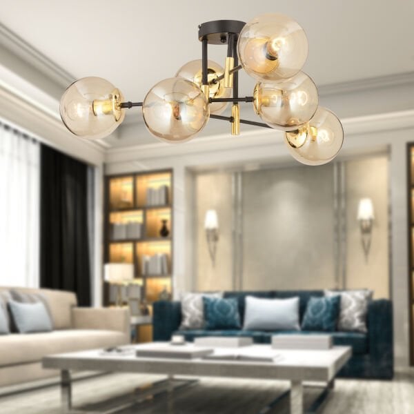 Maral 6Lı Siyah Gold  Bal Camlı Modern Genç Odası Yatak Odası Retro Salon Avize