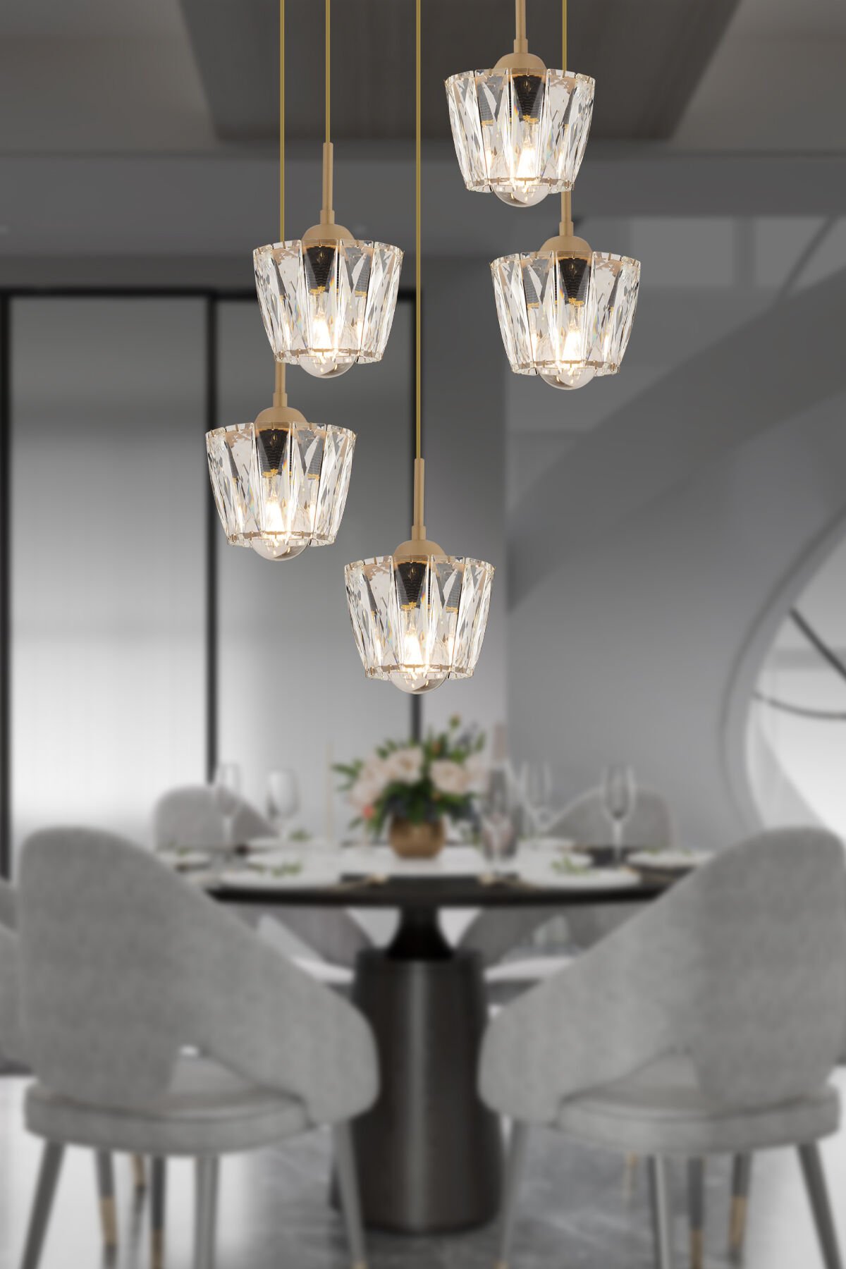 Fernando 5 Li Yuvarlak Eskitme Kristal Taşlı Salon Avize