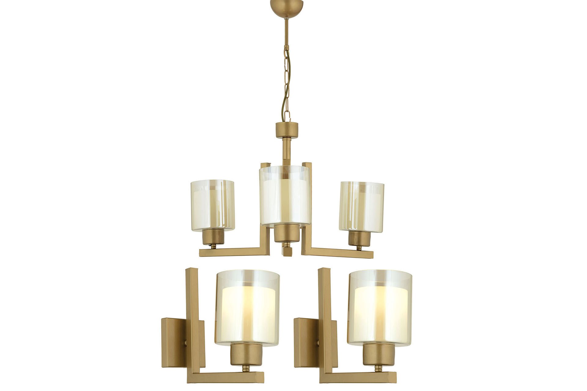 Tisse 3 Lü Eskitme Boyalı Salon Avize Çift Camlı 3 Parça Avize Seti