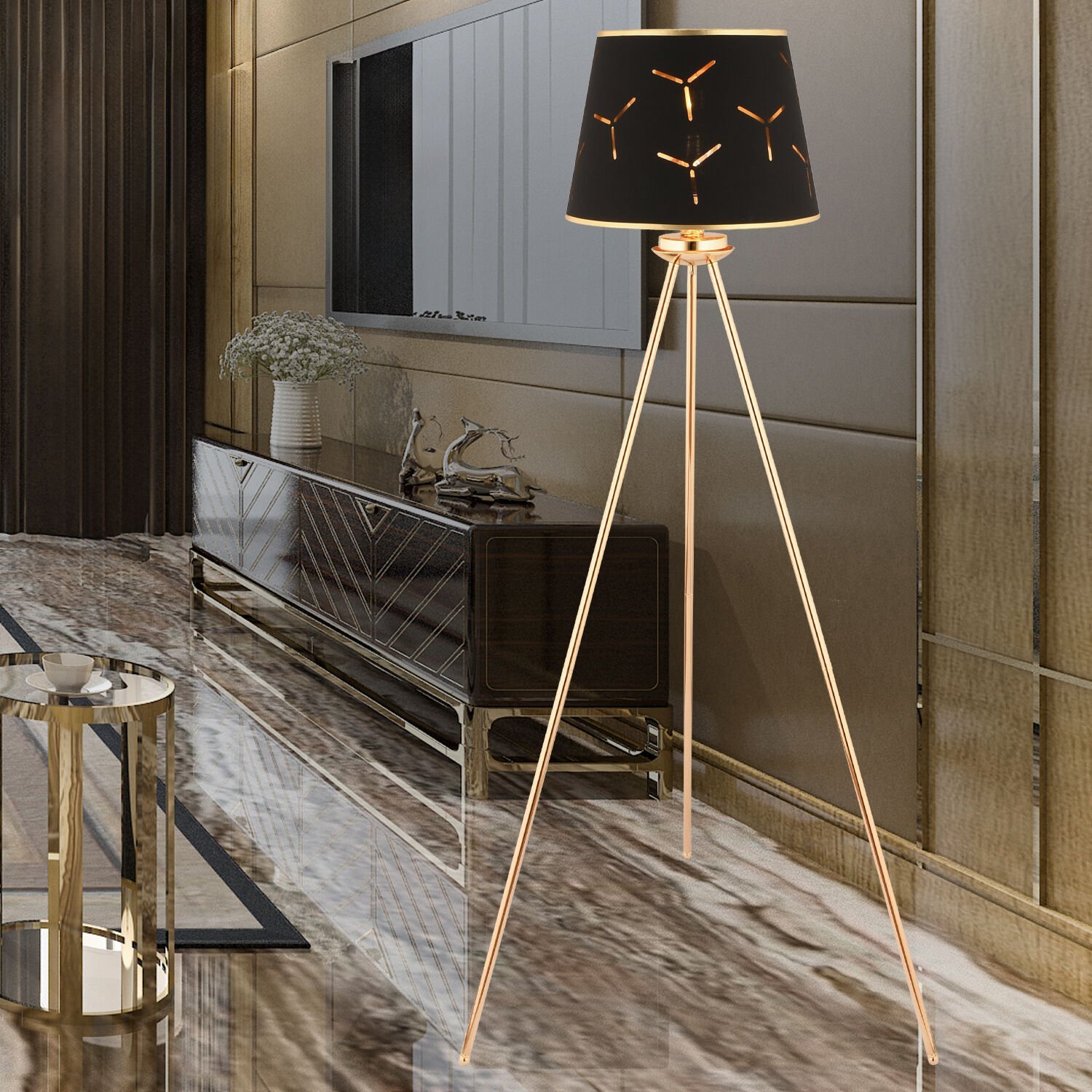 Epona Siyah Desenli Şapkalı Gold Modern Dekoratif Salon Lambader