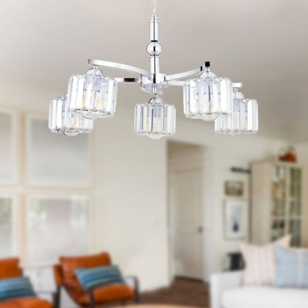 Amir 5 Kollu Krom Kaplama Kristalli Taşlı Modern Tasarım Kristal Salon Avize