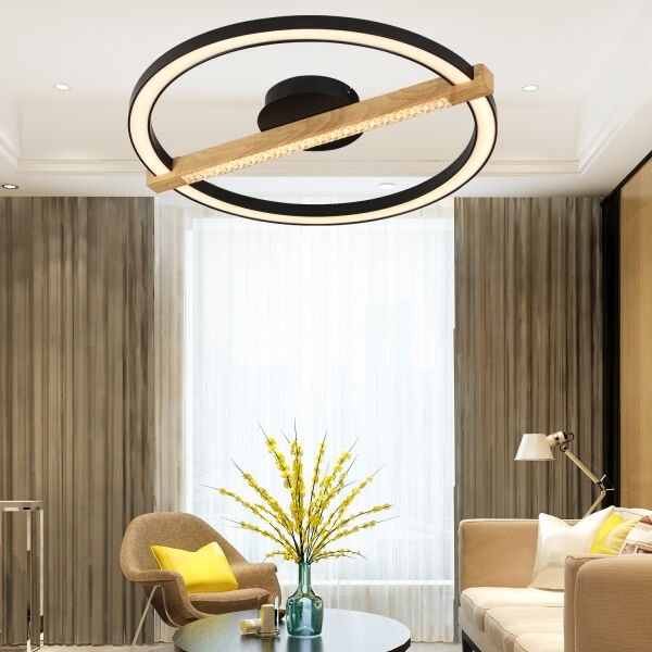 April Siyah Yuvarlak 58 Watt Plafonyer Ahşap Desenli Modern Salon Led Avize