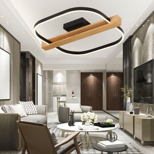 Asrın Siyah Tekli Kare 58 Watt Plafonyer Ahşap Desenli Modern Salon Led Avize