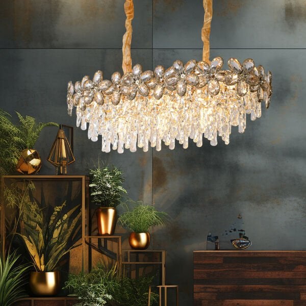 Saral Sıralı Gold Yemek Masası Üstü, Kristal Taşlı Modern Tasarım Salon Avize