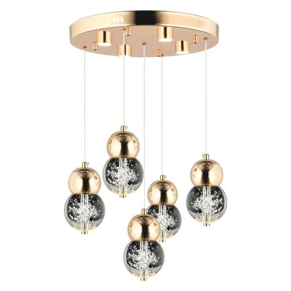 Sasha 5'li Yuvarlak 3 Renkli 57 Watt Gold Kristal Ledli Modern Oturma Odası Salon Sarkıt Avize