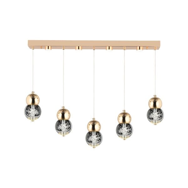 Sasha 5'li Sıralı 3 Renkli 57 Watt Gold Kristal Ledli Modern Oturma Odası Salon Sarkıt Avize