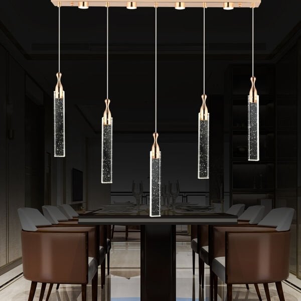 Klaus 5'li Sıralı 3 Renkli 75 Watt Gold Kristal Ledli Modern Oturma Odası Salon Sarkıt Avize