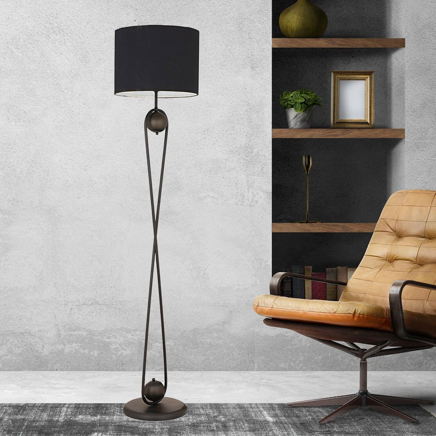 Letta Siyah Şapkalı Siyah Modern Tasarım Ayaklı Abajur Lamba Metal Lambader