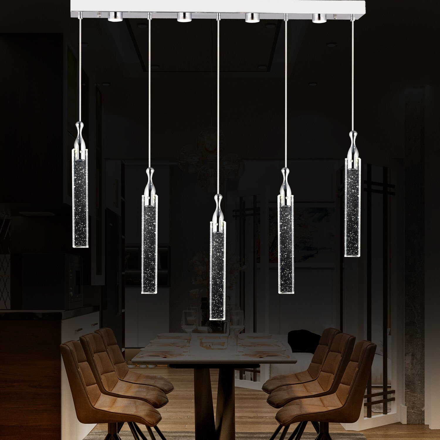 Klaus 5'li Sıralı 3 Renkli 75 Watt Krom Kristal Ledli Modern Oturma Odası Salon Sarkıt Avize