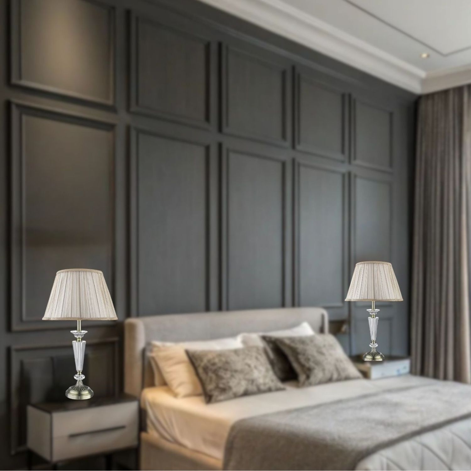 (2 Adet) Baron Eskitme Kristal Taşlı Salon Yatak Odası Abajur Seti