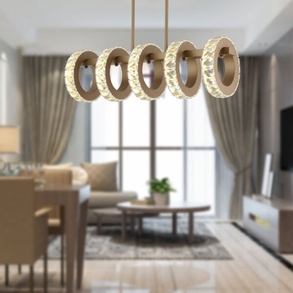 Corina 5'Li Kristalli Ledli Taşlı 100 Watt Modern Salon,Oturma Odası Led Avize