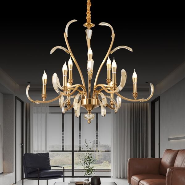 Ronja 9'lu Bakır Eskitme Kristal Taşlı Avangart Salon Avize