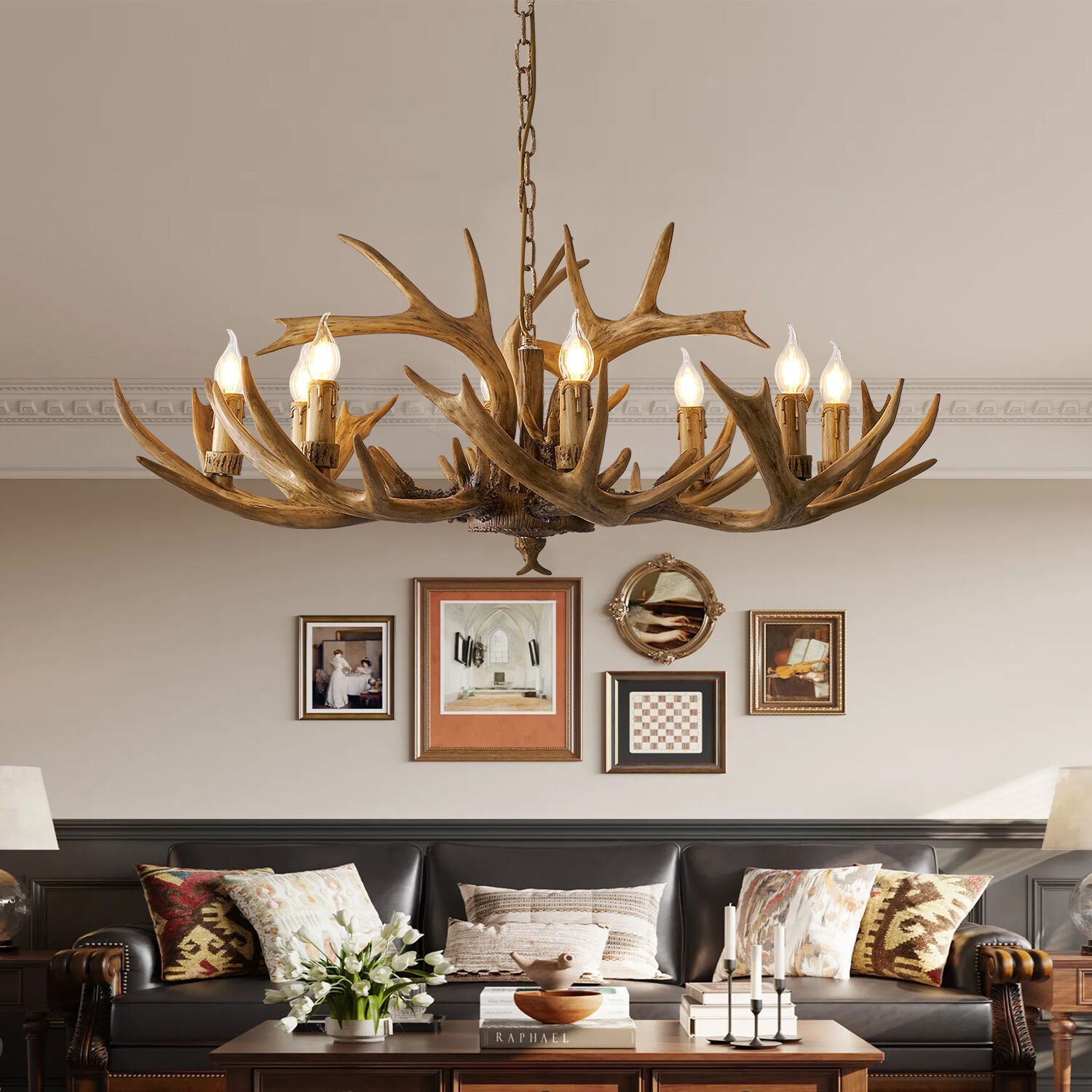 Zoye Ahşap 8'li Geyik Boynuzu Desenli Modern Kafe Restoran. Salon Avize