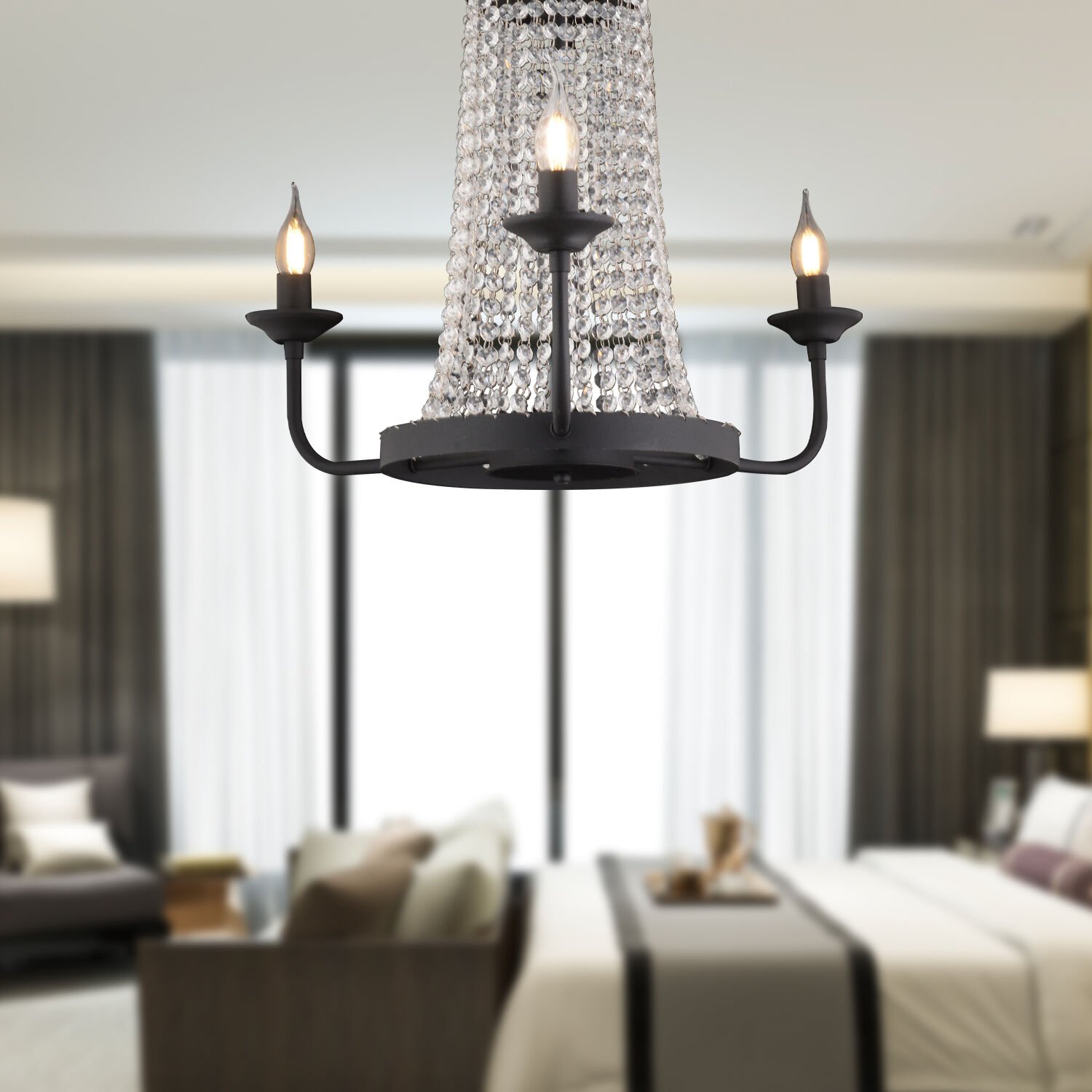 Carnation 3'lü Siyah Kristalli Taşlı Modern Tasarım Kristal Salon Avize