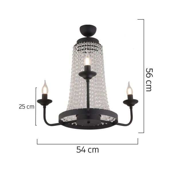 Carnation 3'lü Siyah Kristalli Taşlı Modern Tasarım Kristal Salon Avize