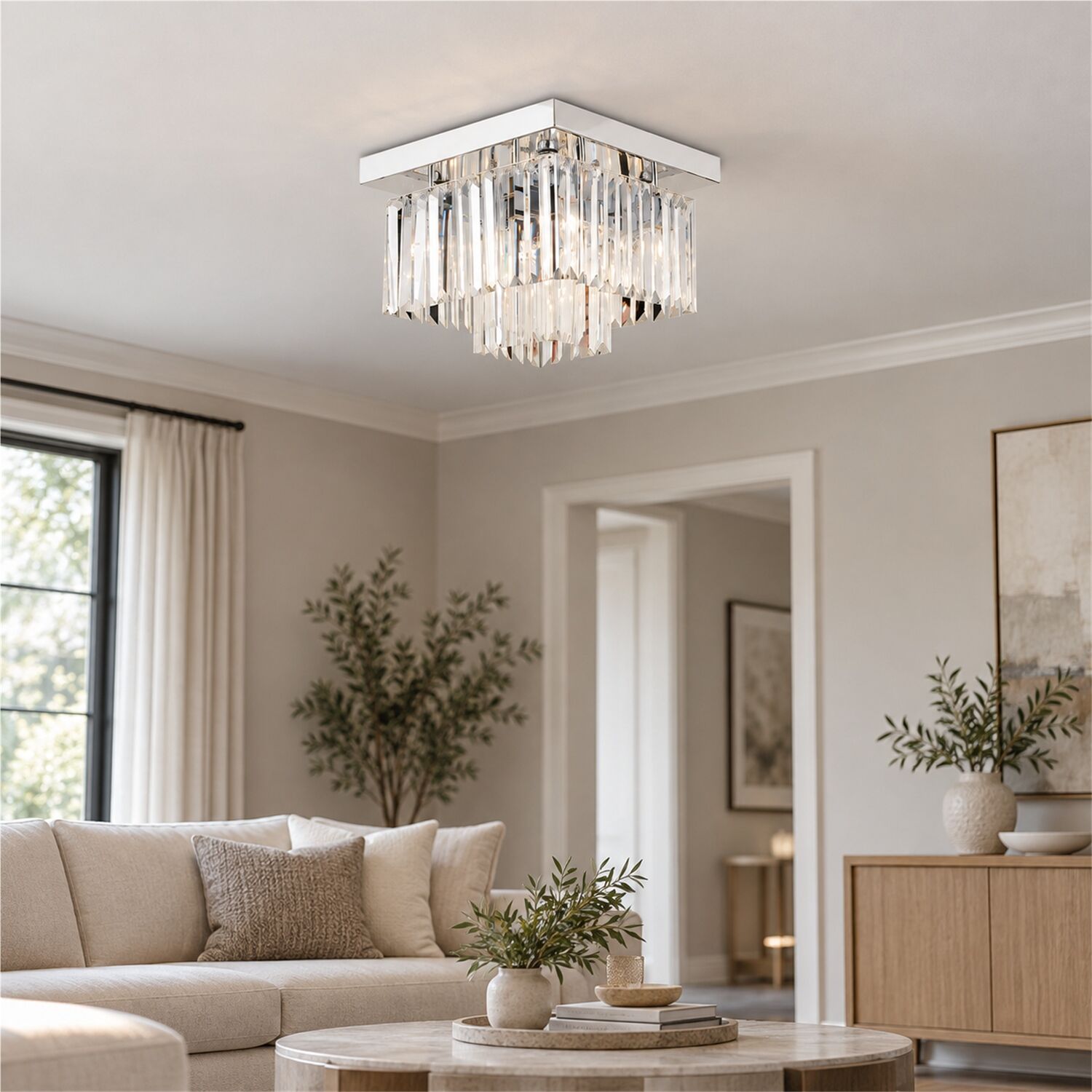 Nilüfer 2 Katlı Küçük Krom Kaplama Kare Kristalli Taşlı Modern Tasarım Kristal Salon Avize