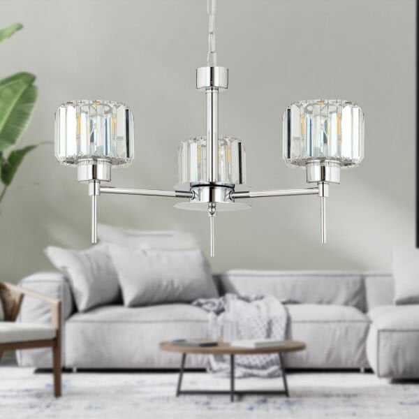 Sadem 3 Lü Krom Kaplama Kristalli Taşlı Modern Tasarım Salon-Yatak Odası-Oturma Odası Kristal Avize