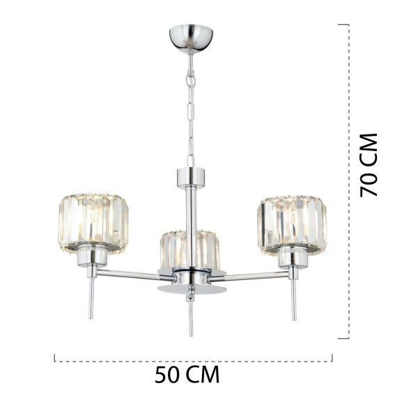 Sadem 3 Lü Krom Kaplama Kristalli Taşlı Modern Tasarım Salon-Yatak Odası-Oturma Odası Kristal Avize