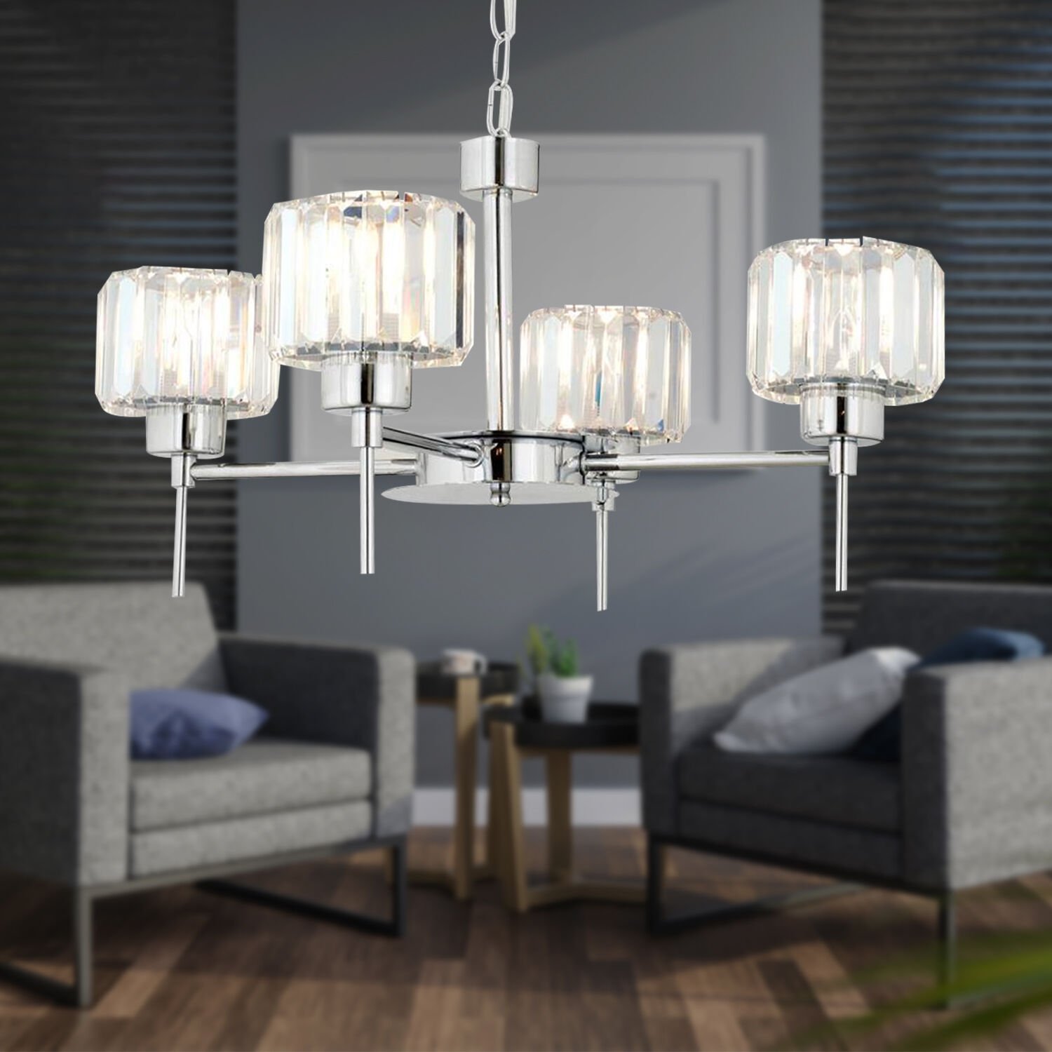 Sadem 4 Lü Krom Kaplama Kristalli Taşlı Modern Tasarım Salon-Yatak Odası-Oturma Odası Kristal Avize