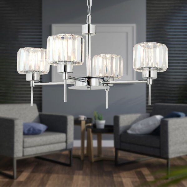 Sadem 4 Lü Krom Kaplama Kristalli Taşlı Modern Tasarım Salon-Yatak Odası-Oturma Odası Kristal Avize