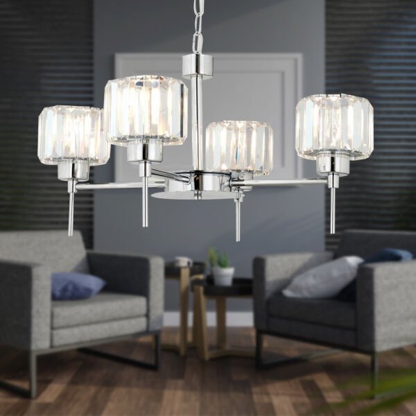 Sadem 4 Lü Krom Kaplama Kristalli Taşlı Modern Tasarım Salon-Yatak Odası-Oturma Odası Kristal Avize