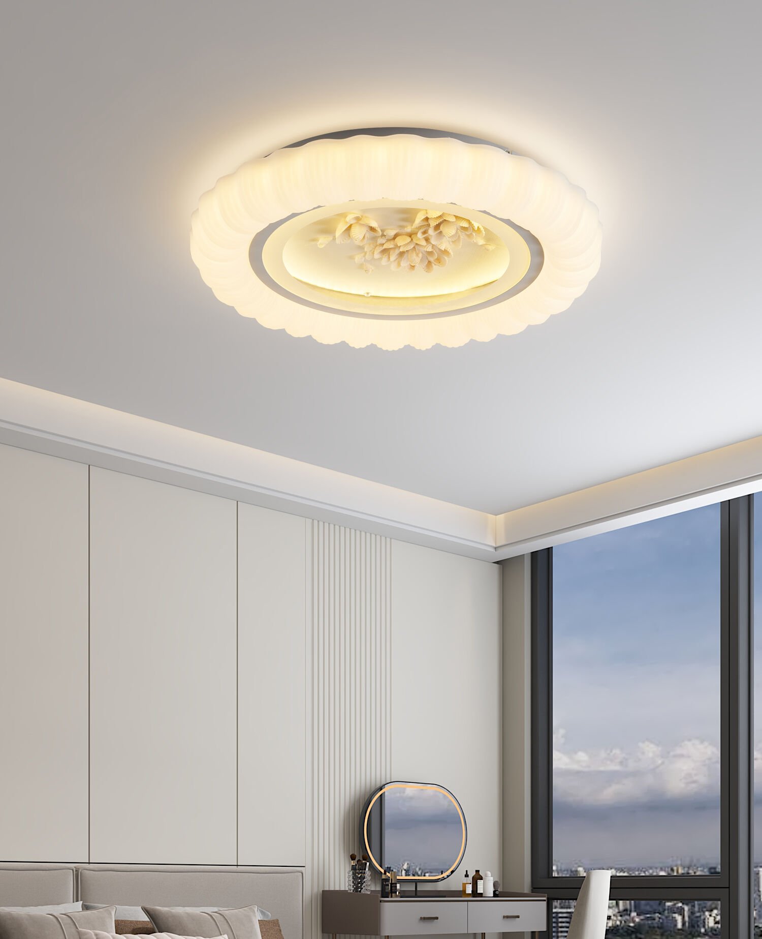 Gavin Beyaz Çiçek Desenli Plafonyer Salon Led Avize