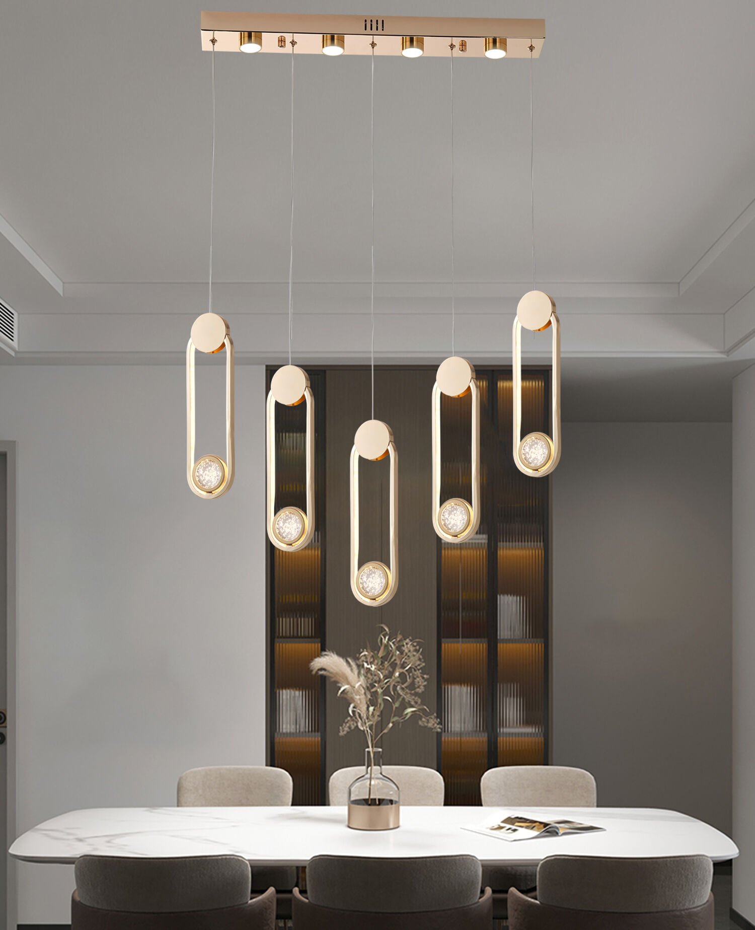 Beckett 5'Li Sıralı Kristal Top Başlıklı Gold Sarkıt Led Avize