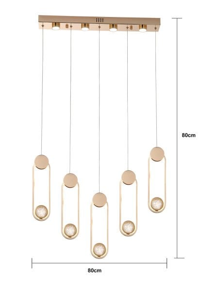 Beckett 5'Li Sıralı Kristal Top Başlıklı Gold Sarkıt Led Avize