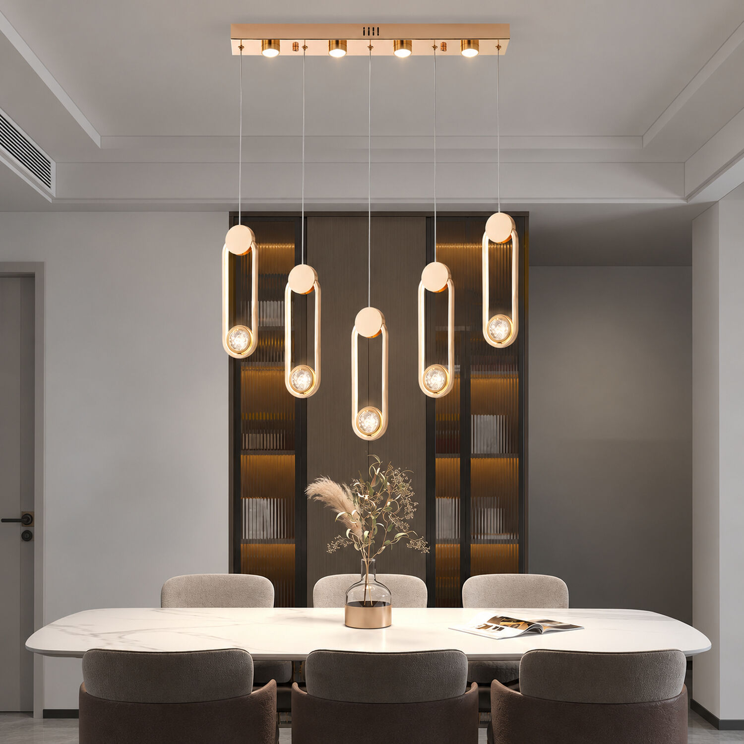 Beckett 5'Li Sıralı Kristal Top Başlıklı Gold Sarkıt Led Avize