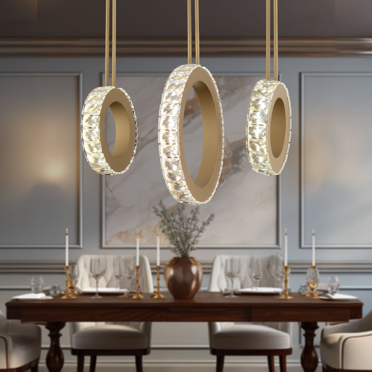 CORİNA 3 SIRALI ESKİTME AVİZ Ledli 3 Renkli  Kristalli Taşlı Modern Tasarım Led Kristal Salon Avize