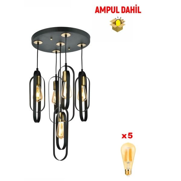 Koza 5Li Yuvarlak Siyah -Led Ampul Dahil Modern Koridor Mutfak Salon Sarkıt Avize