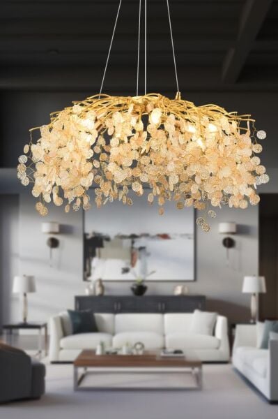 Masal 80'lık Yuvarlak Gold Kristal Taşlı Modern, Oturma Odası, Salon Avize