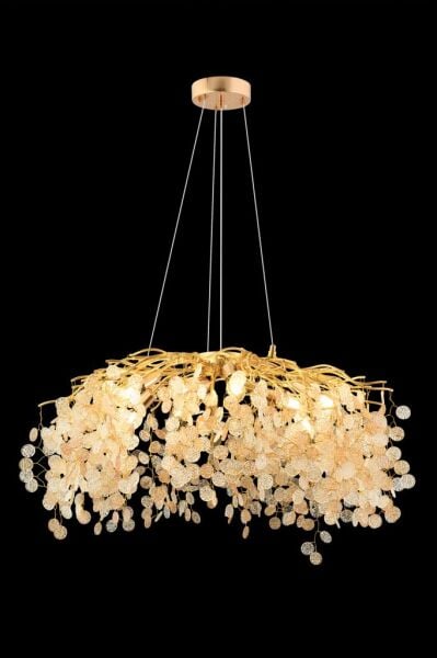 Masal 80'lık Yuvarlak Gold Kristal Taşlı Modern, Oturma Odası, Salon Avize